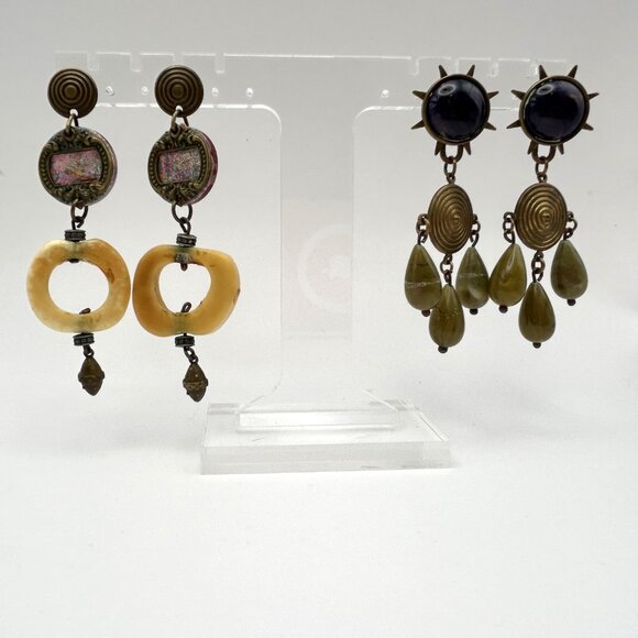 Vintage Boho Artisan Statement Earring Bundle Brass Tone Dangles Hoop - Picture 2 of 16